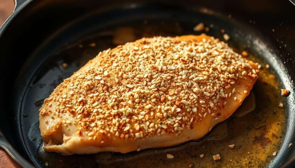 A succulent chicken breast, lightly breaded with finely ground almond flour, sizzling in a cast-iron skillet under warm, golden lighting. The crisp, flaky coating contrasts with the juicy, tender meat inside. The chicken is set against a minimalist background, allowing the focus to remain on the delectable dish. Hints of herbs and spices elevate the flavors, while a drizzle of lemon juice adds a touch of brightness. The scene evokes a sense of wholesome, low-carb indulgence, perfect for a keto-friendly meal.