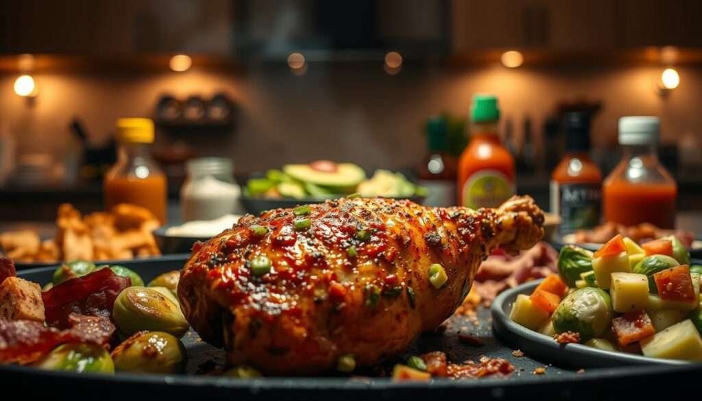 A succulent keto chicken feast, bursting with vibrant flavors. In the foreground, a juicy chicken thigh sizzles, coated in a spicy marinade of jalapeños, garlic, and smoky paprika. Surrounding it, an array of vibrant side dishes - roasted Brussels sprouts, crisp bacon, and creamy avocado salad. The middle ground features an assortment of keto-friendly sauces and garnishes, from cool ranch to fiery sriracha. In the background, a dimly lit kitchen creates a cozy, intimate atmosphere, with warm overhead lighting casting subtle shadows. Captured through a shallow depth of field lens, the image invites the viewer to savor every delectable morsel of this keto chicken extravaganza.
