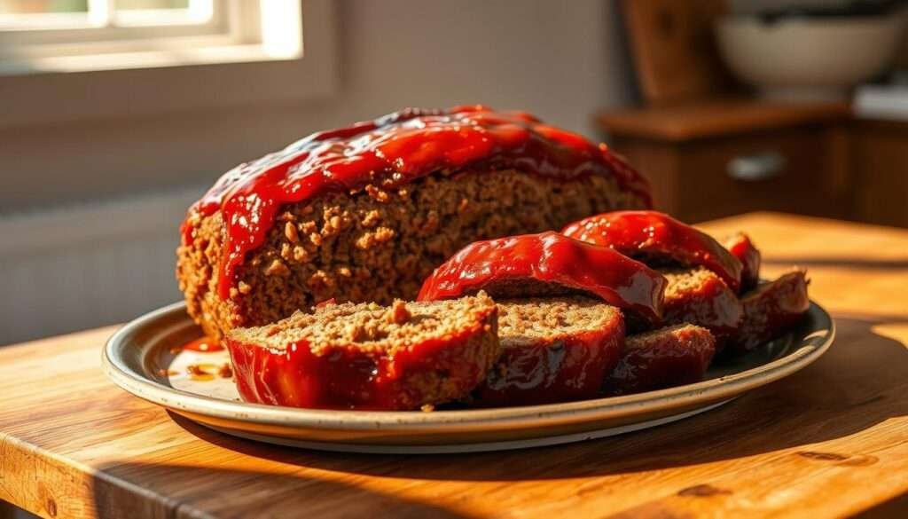 A succulent meatloaf, glistening with a rich tomato glaze, sits atop a platter on a rustic wooden table. The meatloaf is sliced, revealing its juicy interior filled with savory ground beef, pork rinds, and aromatic herbs. Soft natural lighting bathes the scene, casting warm shadows that accentuate the dish's homemade appearance. The background is a clean, minimalist kitchen setting, allowing the meatloaf to take center stage. The overall atmosphere evokes a sense of comforting, keto-friendly indulgence.