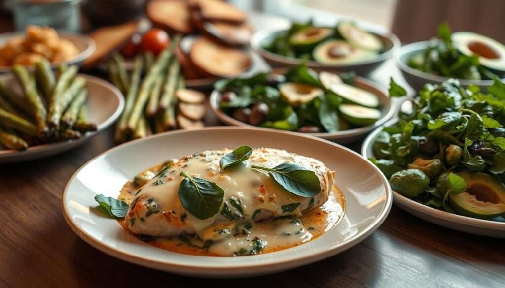 A sumptuous spread of keto-friendly dishes showcasing a mouthwatering spinach artichoke chicken bake as the centerpiece. In the foreground, the chicken dish is plated elegantly, oozing with melted cheese and garnished with fresh spinach leaves. Surrounding it, an assortment of low-carb sides and accompaniments, such as grilled asparagus spears, roasted Brussels sprouts, and a crisp green salad with avocado slices. The lighting is soft and warm, creating a cozy, inviting atmosphere. The composition is balanced, with the chicken dish as the focal point, and the other elements complementing it seamlessly. The overall mood is one of culinary delight and health-conscious indulgence.