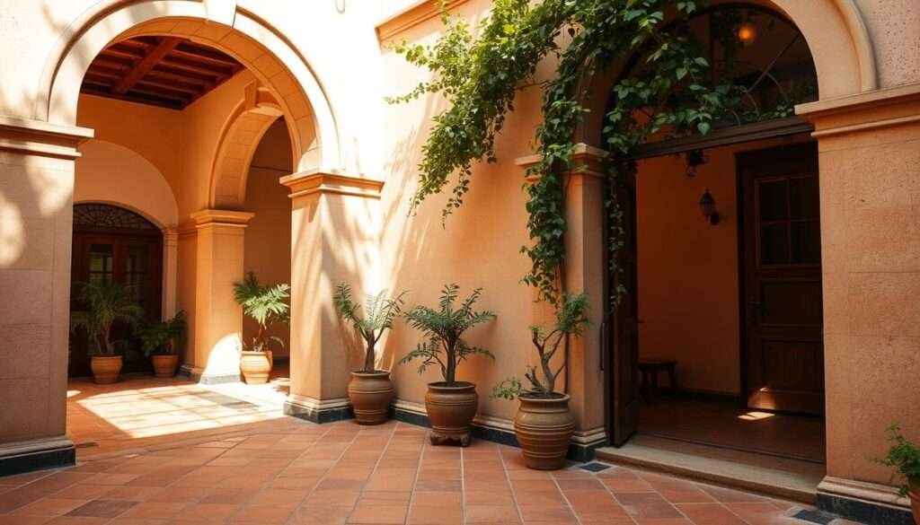 A sun-dappled courtyard, its terracotta tiles weathered by time. Arched doorways frame the scene, their ornate architectural flourishes casting intricate shadows. The warm Mediterranean light filters through, imbuing the space with a timeless, relaxed atmosphere. Vines and potted plants add a touch of verdant life, while the overall composition exudes a sense of timeless elegance and Spanish-inspired charm. Captured with a wide-angle lens to showcase the depth and grandeur of the setting, this image perfectly encapsulates the foundational architectural elements that define the Spanish Mediterranean aesthetic.