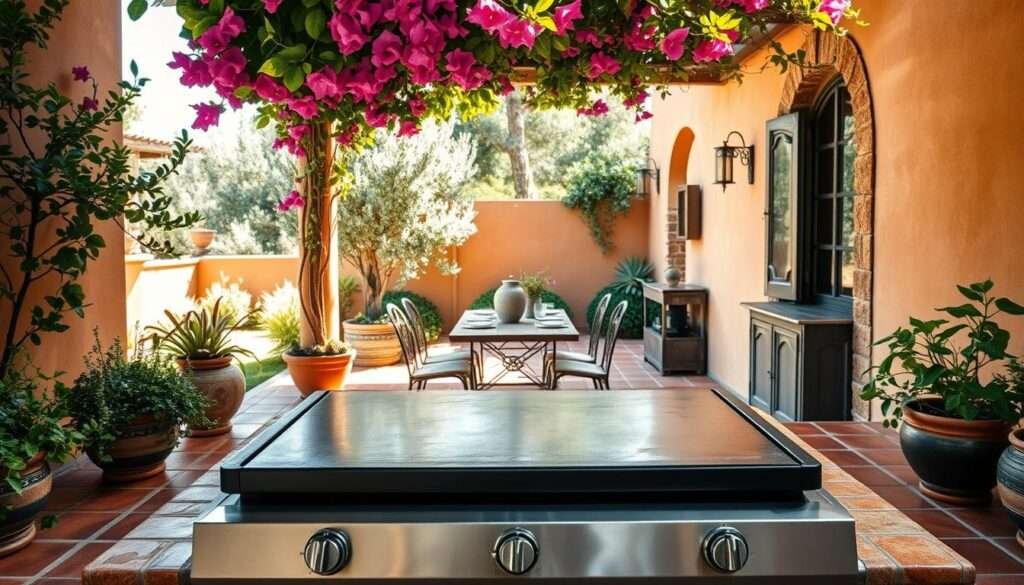 A sun-drenched Mediterranean outdoor kitchen with a rustic, earthy ambiance. In the foreground, a large Blackstone griddle takes center stage, its gleaming surface perfect for al fresco cooking. Surrounding it, a counter made of weathered terracotta tiles, accented with lush potted herbs and a vibrant bougainvillea cascading from above. In the middle ground, a vintage-inspired dining set with wrought-iron chairs and a distressed wooden table, inviting guests to linger over long, leisurely meals. The background features a stucco-walled enclosure, its arched entryway framing a glimpse of a verdant olive grove beyond. Warm, golden light filters through the scene, casting a soft, Mediterranean glow and creating an atmosphere of relaxed, rustic elegance.