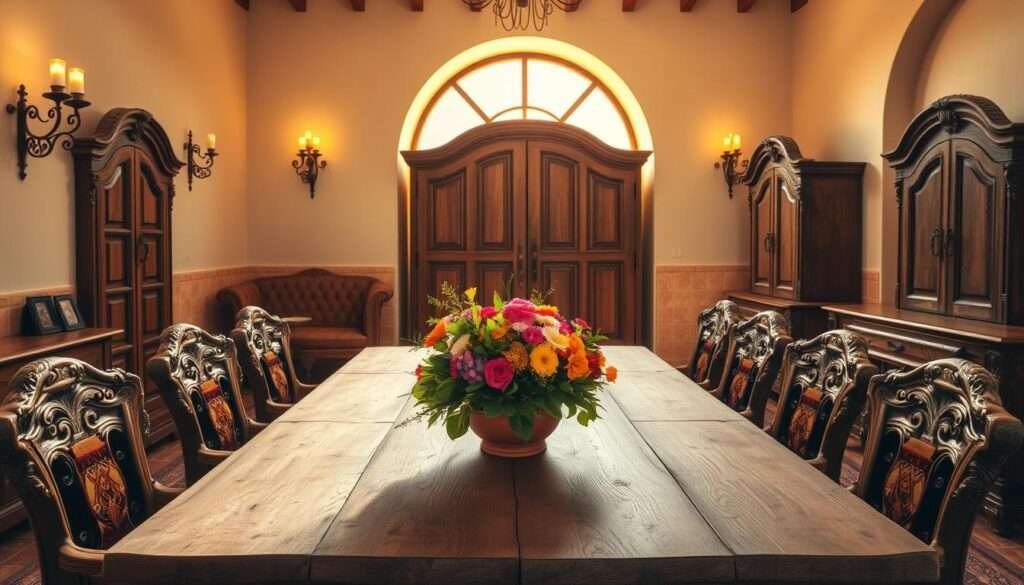 A sun-drenched Spanish Mediterranean interior, showcasing an exquisite collection of rustic yet refined furniture. In the foreground, a sturdy wooden dining table surrounded by ornately carved chairs with plush, earthy-toned upholstery. Centered on the table, a vibrant bouquet of local flowers in a terracotta vase. The middle ground features a large, arched window letting in warm, golden light, which casts a gentle glow across the room. Along the walls, intricate wrought-iron sconces illuminate traditional Spanish tilework in a soft, amber hue. In the background, a stately armoire and an ornate sideboard, both finished in a weathered, antique-inspired patina, complete the authentic Mediterranean ambiance.