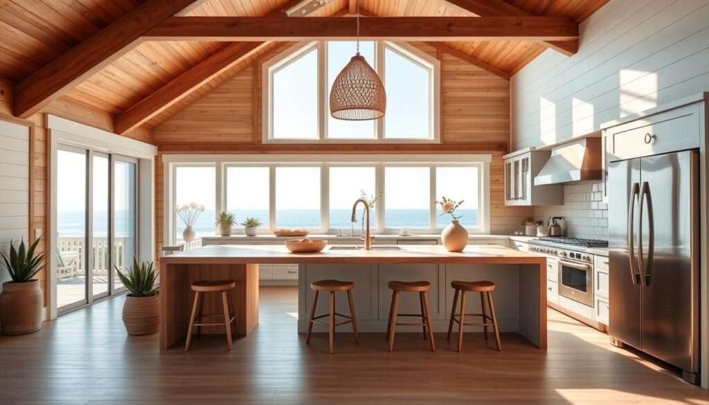 A sun-drenched coastal barndominium kitchen, featuring a spacious open-concept design with panoramic ocean views through large, energy-efficient windows. The wood-paneled walls and shiplap accents evoke a rustic, nautical ambiance, complemented by sleek modern appliances and a farmhouse-style island with stools for casual dining. Warm, natural lighting filters in, casting a gentle glow on the light-hued wood countertops and light blue cabinets. Potted succulents and a woven pendant light add organic, earthy touches, creating a serene, inviting atmosphere perfect for effortless coastal living.