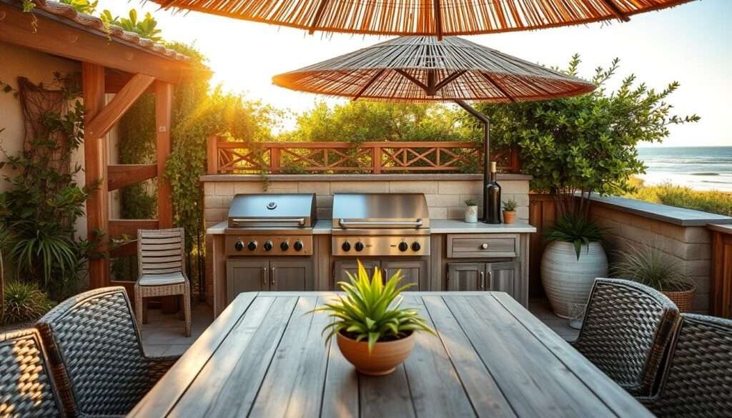 A sun-drenched coastal-themed outdoor kitchen nestled amidst lush greenery, with a rustic wicker dining set commanding the foreground. The kitchen features a sleek Blackstone griddle surrounded by weathered wood cabinetry and a stone backsplash. Trailing vines and potted succulents add a touch of natural elegance, while a straw umbrella casts gentle shadows across the scene. Warm ambient lighting and the distant sound of waves create a serene, laid-back atmosphere. The entire composition is captured through a wide-angle lens, showcasing the harmony of man-made and natural elements in this idyllic outdoor retreat.