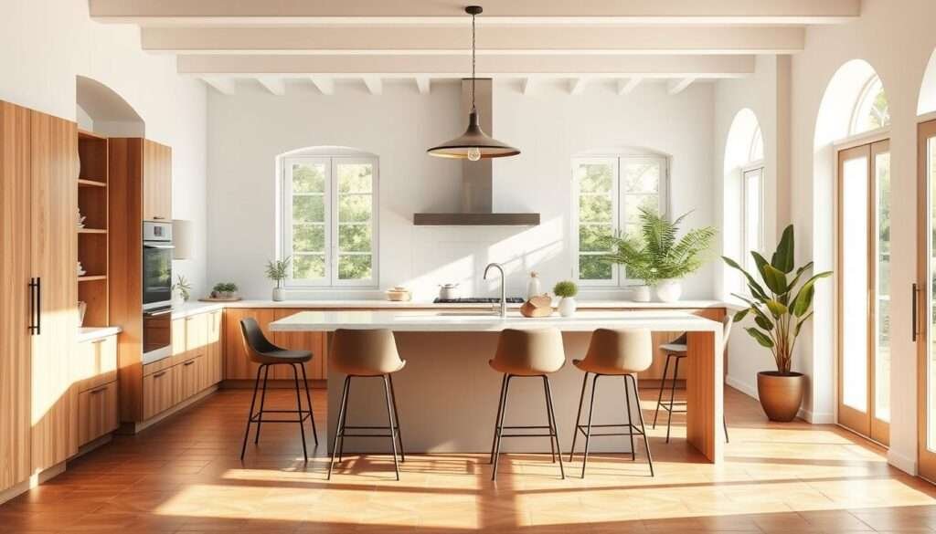 A sun-drenched contemporary Spanish kitchen, with clean white walls and warm wood tones. The focal point is a sleek, minimalist island with a smooth stone countertop, surrounded by modern bar stools in muted shades. Lush potted plants and a pendant light fixture with industrial-chic flair add natural touches. Large windows flood the space with natural light, casting a soft, golden glow. Subtle Mediterranean influences are seen in the terracotta tile floor and wrought-iron accents. The overall atmosphere is one of elegant simplicity, blending modern design with classic Spanish charm.