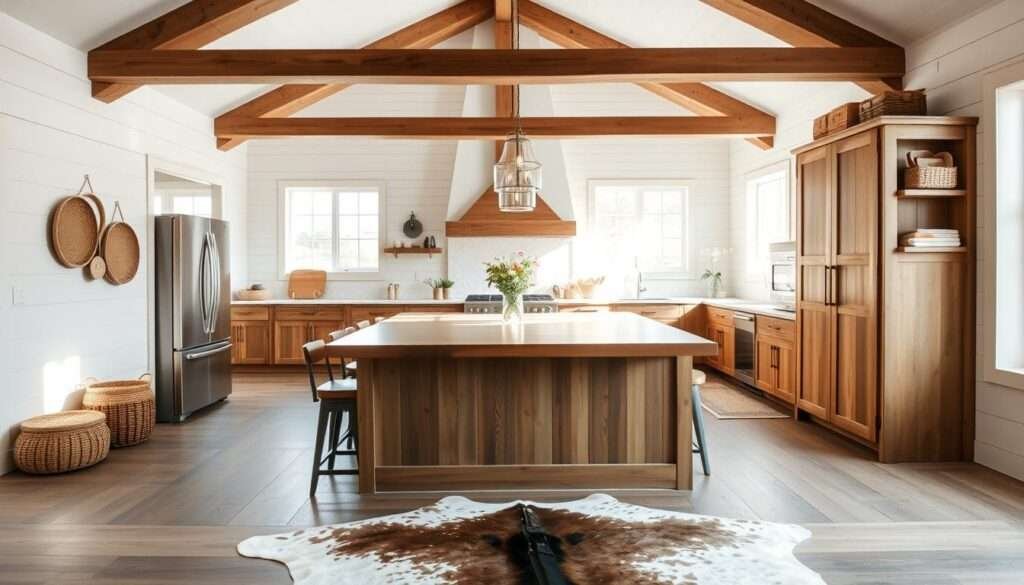 A sun-soaked, open-concept barndominium kitchen with a rustic, modern aesthetic. The focal point is a large, wooden island with a sleek, industrial-style countertop and pendant lighting that casts a warm glow. Exposed beams, white shiplap walls, and a farmhouse-inspired backsplash create a cozy, yet refined atmosphere. Stainless steel appliances, natural wood cabinetry, and a mix of textures, like woven baskets and a cowhide rug, add depth and visual interest. Soft, diffused light filters in through large windows, illuminating the space and highlighting the beautiful, earthy tones. The overall design blends the best of traditional and contemporary elements, resulting in a harmonious and inviting kitchen.