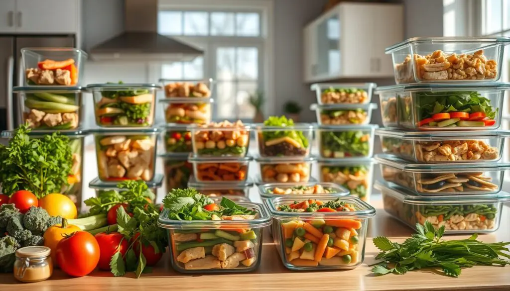 A sunlit kitchen counter, stacked with an assortment of glass meal prep containers, each filled with a variety of high-protein, low-carb dishes. In the foreground, fresh vegetables, herbs, and protein-rich ingredients like chicken, fish, and legumes are neatly arranged, ready for assembly. The middle ground showcases the prepped meals, their contents visible through the transparent containers, showcasing the careful layering of textures and colors. In the background, a clean, minimalist kitchen setting, with stainless steel appliances and natural light streaming in through large windows, creates a serene and organized atmosphere. The overall scene conveys a sense of efficiency, preparedness, and a commitment to a healthy, balanced lifestyle.