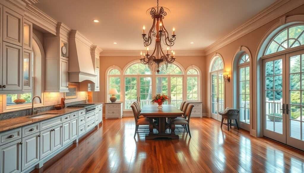 A timeless, elegant kitchen bathed in warm, soft lighting. Gleaming hardwood floors lead the eye towards a spacious, open layout. Sleek, white cabinetry with intricate molding details line the walls, complemented by lustrous granite countertops. A grand, ornate chandelier casts a cozy, inviting glow over a farmhouse-style wooden table, surrounded by plush, upholstered chairs. Large, arched windows allow natural light to pour in, revealing lush, verdant views outside. The room exudes a refined, sophisticated ambiance, blending classic design elements with a touch of modern sophistication.