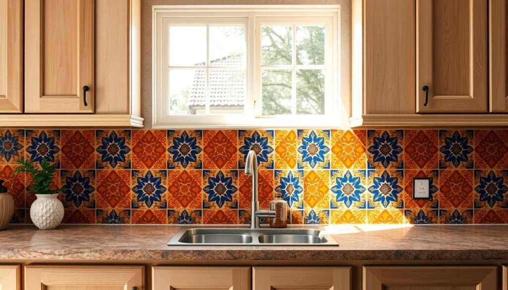 A traditional Spanish tile backsplash with intricate geometric patterns in warm terracotta, ochre, and cobalt blue hues. The tiles are arranged in a symmetrical layout, creating a visually striking focal point in a cozy, sun-drenched kitchen. Soft, natural lighting from a large window illuminates the textured tile surface, casting gentle shadows that accentuate the depth and dimensionality of the design. The backsplash is framed by light wood cabinetry and a rustic stone countertop, evoking the charm and character of a Mediterranean-style space.