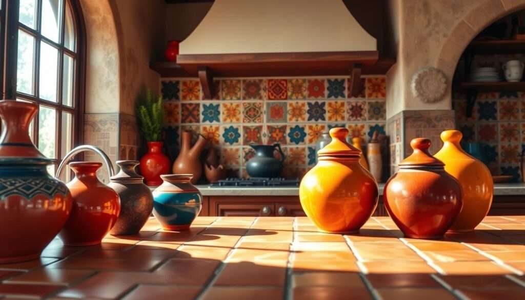 A vibrant Spanish-style kitchen with a colorful tile backsplash featuring intricate patterns in warm, earthy tones. In the foreground, an assortment of handcrafted pottery in vibrant hues of red, blue, and yellow is artfully arranged, casting soft shadows on the backsplash. The middle ground showcases the tile's textural details, with each piece slightly varying in color and finish. The background is illuminated by natural light streaming in through a large window, creating a warm, inviting atmosphere. The overall scene exudes a rustic, Mediterranean charm, perfectly capturing the essence of a traditional Spanish kitchen.