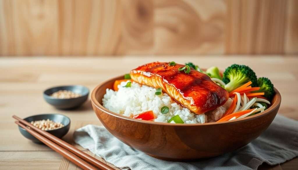 A vibrant and appetizing Asian-inspired dinner scene. In the foreground, a wooden bowl filled with steaming white rice, topped with flaky, caramelized salmon fillets glazed in a glistening, spicy-sweet sriracha honey sauce. Surrounding the bowl, an assortment of fresh vegetables – crisp julienned carrots, crunchy bean sprouts, and tender-stem broccoli florets. In the middle ground, a pair of elegant chopsticks rests beside the bowl, and a small dish of toasted sesame seeds adds a final elegant touch. The background features a minimalist, zen-inspired setting with smooth, natural wood tones and soft, diffused lighting, creating a calming yet mouthwatering atmosphere.