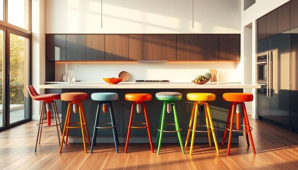 A vibrant and inviting kitchen interior, featuring a row of colorful stools with unique personalities. The stools are arranged around a sleek countertop, each one boasting a distinct shape, texture, and hue that playfully complements the modern, minimalist design of the space. Warm, natural lighting filters in through large windows, casting a soft glow and highlighting the dynamic interplay of colors and materials. The stools serve as the focal point, drawing the eye and infusing the room with a sense of energy and whimsy, perfectly capturing the "Fun Stools: Seating with Personality" theme.