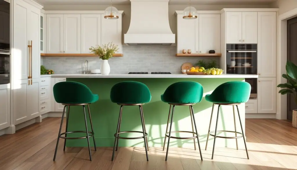 A vibrant green kitchen island with four chic, upholstered stools in a lush, modern interior. The stools have a sleek, curved silhouette with plush, velvet-like upholstery in a rich, emerald hue. Soft, diffused lighting bathes the scene, creating a warm, inviting atmosphere. The kitchen's neutral palette of white and wood tones provides a stylish backdrop, allowing the vibrant green stools to take center stage. The composition is captured from a slightly elevated angle, showcasing the stools' elegant design and how they seamlessly integrate into the overall kitchen aesthetic.