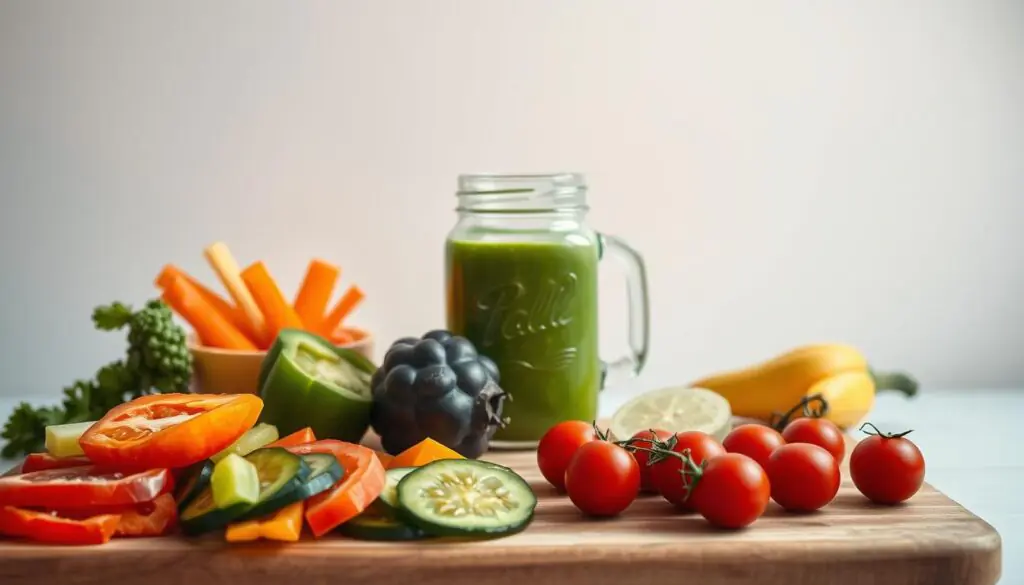 A vibrant, minimalist still life showcasing a variety of healthy eating presentation ideas. In the foreground, a wooden cutting board displays an artful arrangement of sliced fruits and vegetables, including juicy bell peppers, crisp carrot sticks, and plump cherry tomatoes. In the middle ground, a mason jar filled with a refreshing green smoothie casts a soft, natural glow under warm, overhead lighting. The background features a clean, white wall, emphasizing the simplicity and elegance of the scene. The overall mood is one of wellness, balance, and a commitment to nourishing the body.