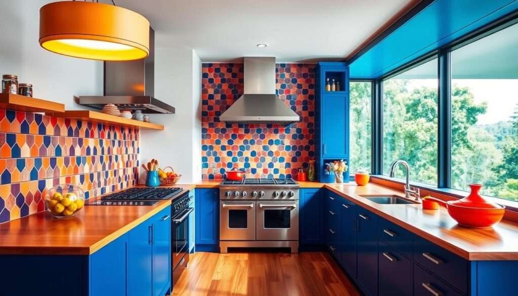 A vibrant, modern kitchen with bold, saturated hues that command attention. In the foreground, sleek cabinets in a deep, jewel-toned blue contrast sharply with warm-toned wooden countertops. Overhead, a dramatic pendant light fixture casts a warm glow, complementing the backsplash's vibrant, geometric tiled pattern. In the middle ground, a large, stainless-steel range and oven stand as the focal point, surrounded by pops of color in the form of brightly-colored small appliances and cookware. The background features a large window overlooking a lush, verdant landscape, allowing natural light to flood the space and accentuate the bold color scheme. The overall atmosphere is one of energy, sophistication, and a fearless embrace of color.