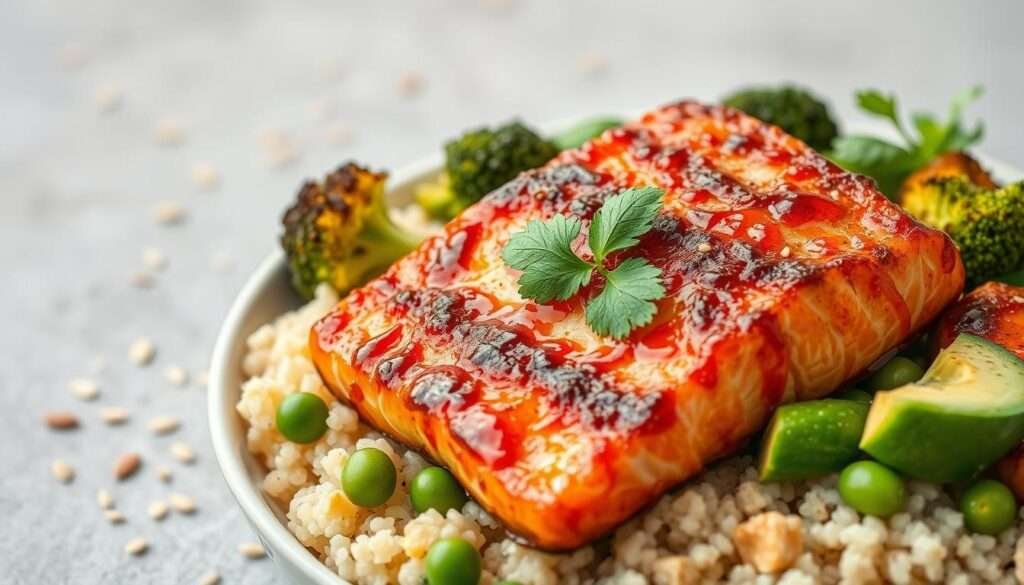A vibrant, mouthwatering close-up photograph of a beautifully-plated, healthy salmon bowl. In the foreground, a bed of fluffy quinoa is topped with thick, juicy slices of pan-seared salmon, crisp and caramelized on the outside, the flesh glistening with a sticky, glossy glaze of spicy honey and Sriracha. Scattered around the salmon are roasted broccoli florets, tender-crisp edamame, and wedges of ripe avocado. The middle ground features a scattering of toasted sesame seeds and a sprinkle of fresh cilantro leaves, adding pops of texture and flavor. The background is a plain, neutral surface, allowing the vibrant colors and appetizing arrangement of the ingredients to take center stage under soft, even lighting that accentuates their natural beauty.