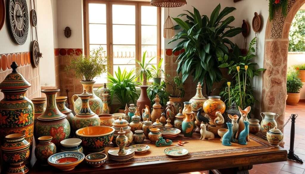 A vibrant still life of ornate Spanish decorative pottery and accents, captured in natural daylight flooding through a large window. In the foreground, a collection of intricately painted ceramic vases, bowls, and plates in warm earthy tones and intricate floral patterns. In the middle ground, a wooden table with a hand-woven runner and clusters of colorful ceramic figurines, textiles, and metalwork. The background features terracotta tiles, whitewashed walls, and lush potted plants, creating an old-world Mediterranean ambiance. The image is composed with a soft, romantic focus, emphasizing the antique character and artisanal craftsmanship of the Spanish-inspired decor.