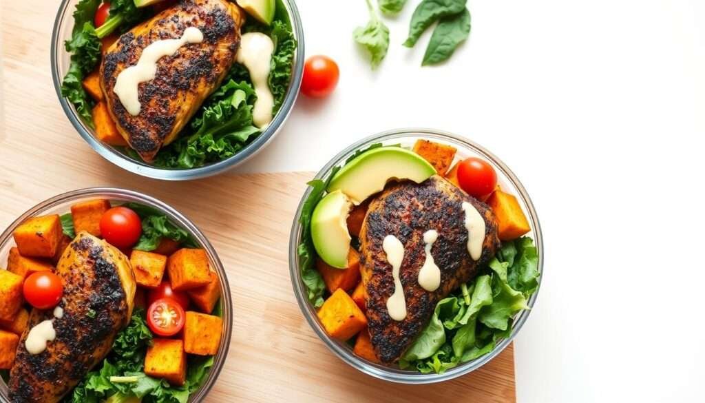 A visually appealing arrangement of healthy meal prep bowls, featuring blackened chicken and sweet potato. The bowls are placed on a wooden surface against a clean, light background, creating a bright and inviting atmosphere. The chicken is seared to perfection, with a delectable blackened crust, nestled alongside roasted sweet potato cubes and a variety of fresh greens, such as kale and spinach. The bowls are garnished with vibrant cherry tomatoes, sliced avocado, and a drizzle of a light, creamy dressing. The lighting is natural and diffused, highlighting the textures and colors of the ingredients. The overall scene conveys a sense of balance, nutrition, and mindful meal preparation.