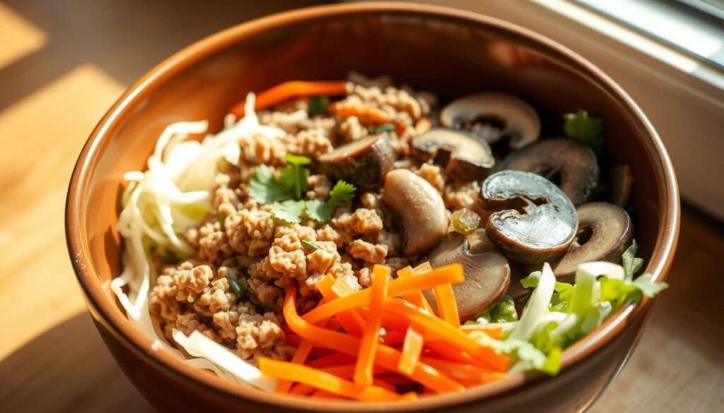 A visually appetizing and healthy egg roll bowl, featuring a neatly composed arrangement of crisp, freshly shredded cabbage, juicy ground pork or chicken, delicate slices of sautéed mushrooms, and vibrant julienned carrots. The bowl is illuminated by warm, natural lighting, casting a soft, inviting glow. The ingredients are meticulously placed, creating a tempting and visually balanced composition. The overall scene conveys a sense of wholesomeness and a keto-friendly, low-carb lifestyle, making it an ideal representation for the "Keto Egg Roll in a Bowl Recipe" article.