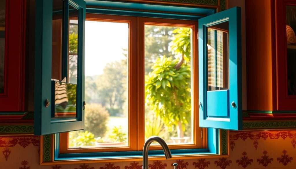 A vivid kitchen window with vibrant, colorful trim in a variety of hues - deep crimson, lush emerald, sunny saffron, and cool azure. The trim is intricately detailed, with ornate patterns and textures that catch the eye. Warm, soft lighting filters through the glass, creating a cozy, inviting atmosphere. The window frame is slightly ajar, offering a glimpse of a picturesque outdoor scene - perhaps a lush garden or a charming street. The overall composition is balanced and harmonious, showcasing the window trim as the focal point while hinting at the larger kitchen design.
