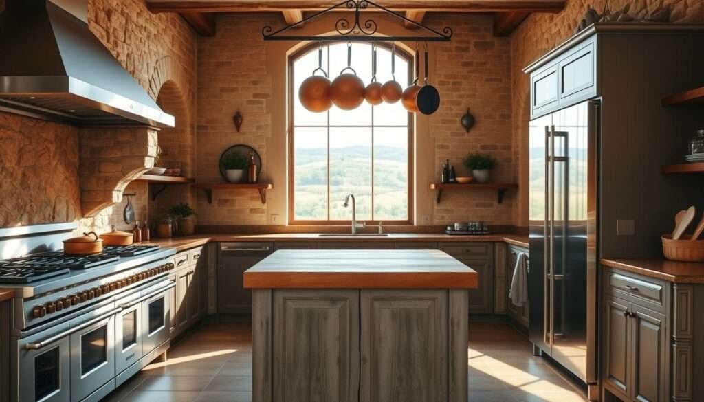A warm and inviting Tuscan-style kitchen with a modern twist. In the foreground, sleek stainless steel appliances, including a professional-grade range and a minimalist refrigerator, contrast against the rustic, sun-drenched stone walls. In the middle ground, a large, weathered wooden island with a butcher block top serves as the centerpiece, surrounded by elegant copper pots and pans hanging from a wrought-iron rack above. The background features a large window overlooking a picturesque Tuscan countryside, allowing natural light to flood the space and create a bright, airy atmosphere. The overall mood is one of timeless elegance, where classic and contemporary elements seamlessly blend to create a truly stunning and functional kitchen design.
