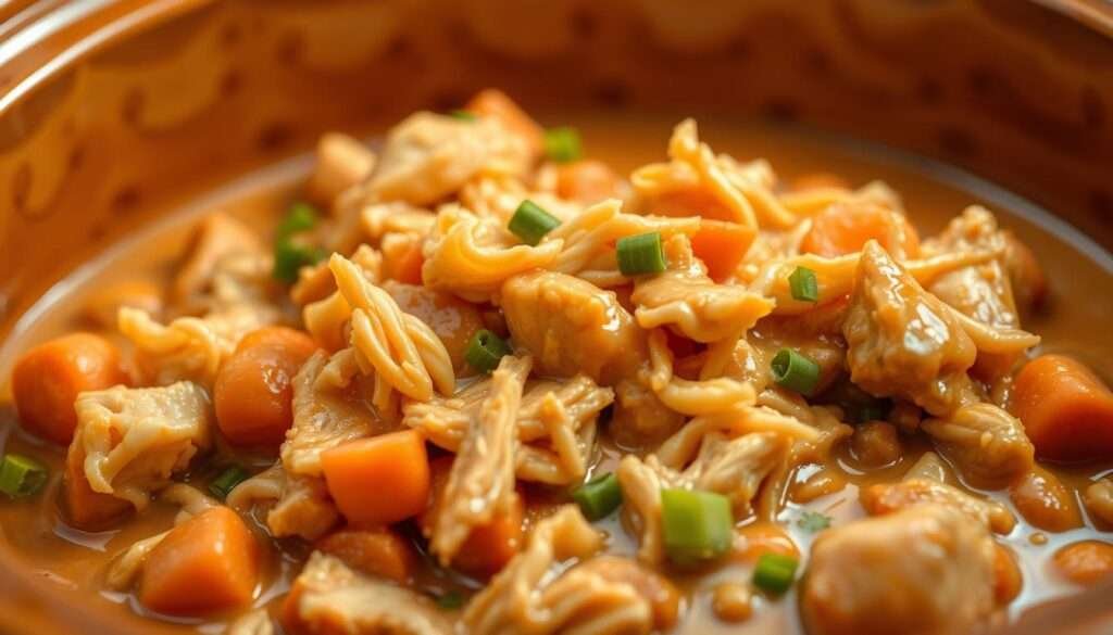 A warm, cozy scene of a creamy peanut chicken slow cooker meal, glistening with a rich, velvety sauce. In the foreground, the slow-cooked chicken shreds effortlessly, its flavors melding with the smooth peanut butter base. Tender chunks of carrot and bits of scallion provide pops of color and texture. The background features the rustic earthenware of the slow cooker, its interior emitting a soft, amber glow. Warm, diffused lighting illuminates the dish, creating an inviting, homestyle atmosphere. The overall scene evokes a sense of comfort and nourishment, perfectly capturing the essence of a comforting, easy-to-prepare slow cooker meal.