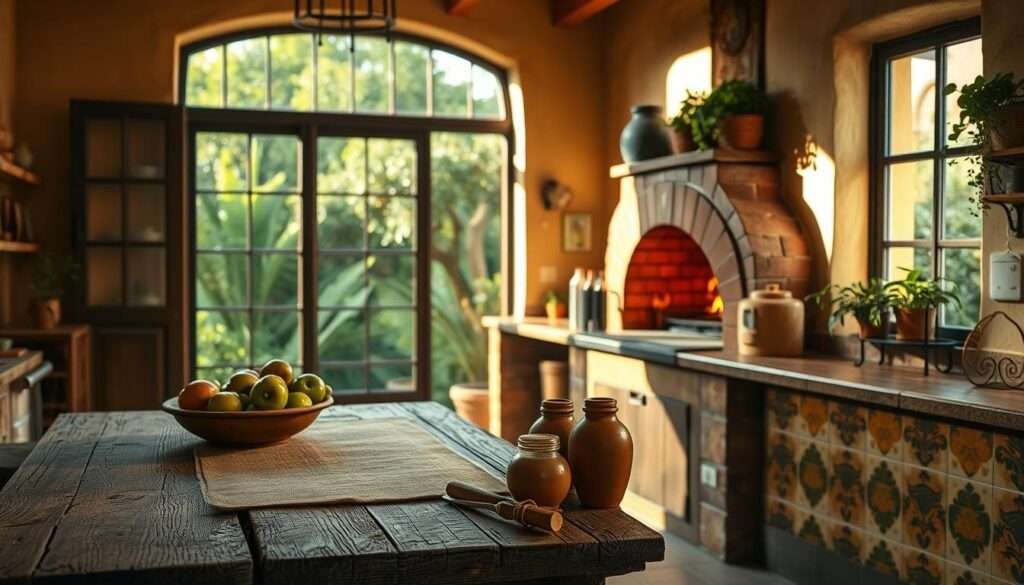 A warm, inviting Mediterranean kitchen with soft, golden light filtering through large windows that overlook a lush, verdant courtyard. The foreground features a weathered wooden table topped with a simple, rustic tablecloth, a bowl of fresh produce, and a few terracotta spice jars. The middle ground showcases a sizable brick oven with a crackling fire, and the background depicts hand-painted ceramic tiles in earthy hues, complemented by wrought-iron accents and potted herbs on a nearby windowsill. The overall atmosphere exudes a sense of comfort, tradition, and culinary passion.