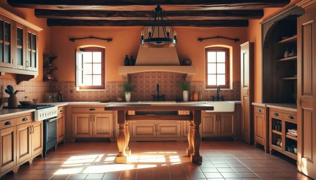 A warm, inviting Spanish farmhouse kitchen with a rustic wooden island at the center. The island features a smooth, distressed wooden top and sturdy, hand-crafted legs. Hanging above it is a wrought-iron chandelier, casting a soft, ambient glow. The surrounding walls are adorned with hand-painted tiles in earthy terracotta tones, complementing the natural wood accents. Sunlight streams in through large windows, illuminating the space and creating a cozy, inviting atmosphere. Terracotta floor tiles, a farmhouse-style sink, and wrought-iron hardware complete the charming, functional design.