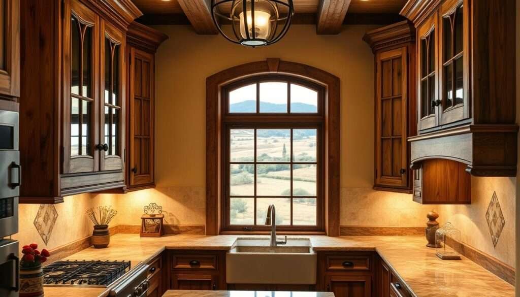 A warm, rustic Tuscan kitchen with classic wood cabinetry. The cabinets feature a distressed, weathered finish in earthy tones, with decorative mullioned glass panes in the upper doors. Soft, indirect lighting from wrought-iron fixtures casts a cozy glow, highlighting the rich texture of the wood and the intricate architectural details. The countertops are made of honed natural stone, complementing the aged character of the cabinets. A window in the background overlooks a picturesque Tuscan landscape, with rolling hills and olive trees. The overall scene conveys a sense of timeless European elegance and relaxed, countryside charm.