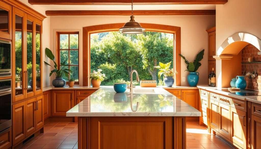 A warm, sun-drenched Mediterranean kitchen with a vibrant color palette. The foreground features a central island topped with a gleaming marble countertop, surrounded by honey-toned wood cabinets and accents. Midground showcases a large window overlooking a lush, verdant garden, letting in soft natural light. The background is filled with terracotta tiles, terra cotta planters, and a terracotta-tiled backsplash, creating a cohesive rustic-chic ambiance. Touches of azure blue in the form of ceramic tiles or a vase add a refreshing pop of color. The overall mood is one of relaxed sophistication, effortlessly blending traditional Mediterranean elements with a modern sensibility.
