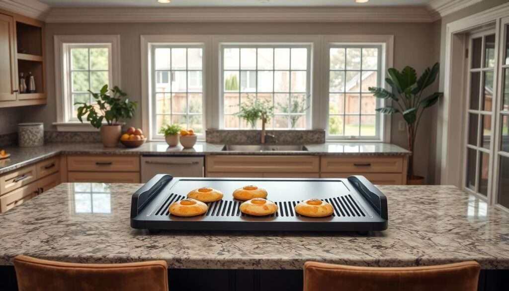 A well-crafted Blackstone griddle breakfast bar setup in a bright, airy kitchen with natural light streaming in through large windows. The griddle takes center stage, its sleek black surface gleaming, surrounded by an elegant granite countertop. Stylish barstools in a neutral tone invite guests to gather and enjoy a delicious morning meal. The space is accented with subtle touches of greenery and natural wood tones, creating a warm, inviting atmosphere. The lighting is soft and even, highlighting the griddle's functionality while maintaining a relaxed, homey vibe. The overall composition emphasizes the griddle's versatility and how it can seamlessly integrate into a modern, sophisticated kitchen design.