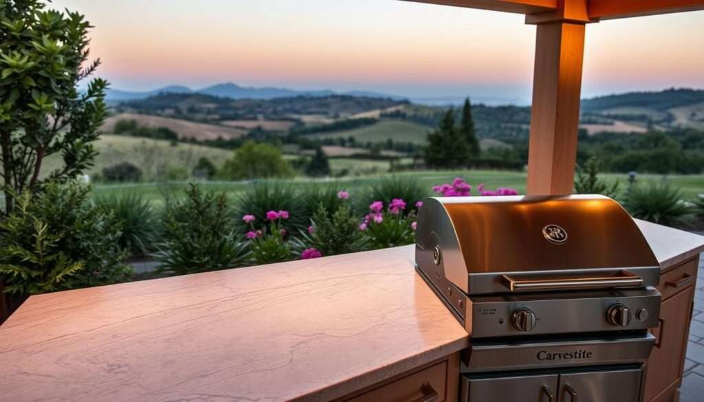 A well-crafted quartzite outdoor kitchen countertop, meticulously crafted from natural stone with intricate veining and a smooth, polished surface. The countertop is illuminated by warm, ambient lighting, casting a soft glow over the space. In the foreground, a stainless steel grill and utensils sit atop the quartzite, ready for a culinary masterpiece. The middle ground showcases lush greenery and vibrant flowers, framing the countertop as a work of art in nature. In the background, a serene landscape with rolling hills and a clear sky provides a tranquil setting for this high-end outdoor kitchen.