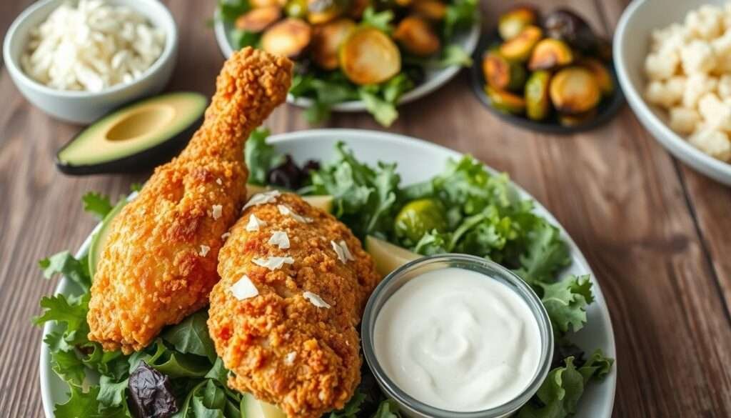 A well-lit, high-angle shot showcasing an array of keto-friendly fried chicken serving suggestions. In the foreground, a crispy, golden-brown fried chicken thigh sits atop a bed of fresh mixed greens, garnished with sliced avocado and a sprinkle of grated Parmesan. In the middle ground, a small bowl of creamy keto-friendly dipping sauce, such as a tangy, low-carb ranch, provides a complementary flavor. The background features a rustic wood table, with a few leafy keto-approved side dishes, like roasted Brussels sprouts and cauliflower rice, arranged neatly around the main dish. The overall mood is one of a wholesome, low-carb meal, captured in a clean, appetizing presentation.