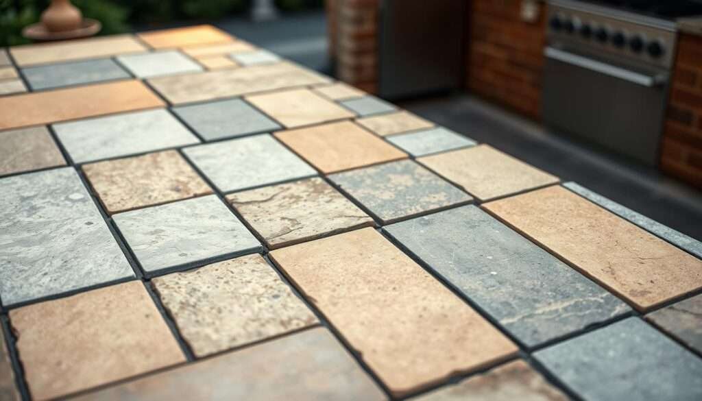 A well-lit, high-angle view of a selection of natural stone paving tiles arranged as a countertop surface. The tiles are a mix of tan, grey, and earth-toned hues, with a slightly textured and weathered appearance that evokes a rustic, outdoor aesthetic. The countertop is set against a blurred, soft-focus background, allowing the materials and craftsmanship to take center stage. Subtle, warm lighting from above casts gentle shadows, highlighting the depth and character of the paving stones. The overall composition conveys a sense of durability, simplicity, and timeless style, perfectly suited for an outdoor kitchen setup.