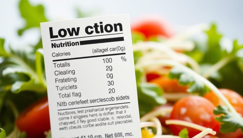 A well-lit, high-resolution image of a clean, modern-looking nutrition label for a low-carb salad recipe. The label should have a simple, minimalist design with clear, easy-to-read text displaying the essential nutritional information such as calories, total fat, carbohydrates, protein, and any other relevant macros. The label should be placed against a soft, blurred background, perhaps featuring a few fresh greens or vegetables to reinforce the "low-carb salad" theme. The overall mood should be crisp, informative, and visually appealing, creating a sense of trustworthiness and health-consciousness.