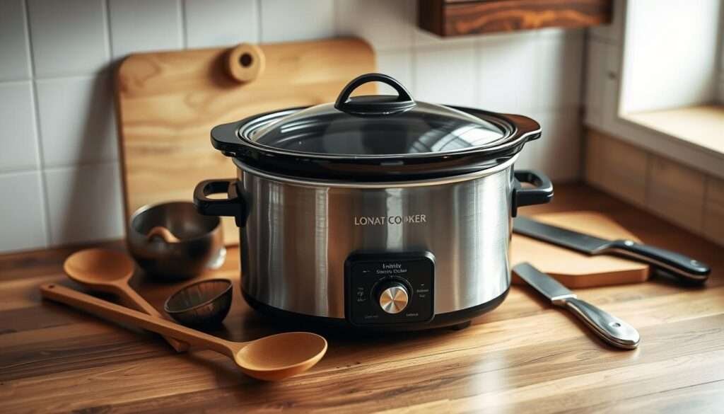 A well-lit, high-resolution photograph of a slow cooker, a wooden spoon, a ladle, a cutting board, and a chef's knife neatly arranged on a wooden kitchen countertop. The slow cooker is prominently featured, taking up the center of the frame, with the other essential tools and utensils strategically placed around it. The lighting is natural and soft, creating a warm, inviting atmosphere. The image is captured from a slightly elevated angle, allowing the viewer to see the details of each item clearly. The overall composition is balanced and aesthetically pleasing, highlighting the key elements needed for a delicious Peanut Chicken Slow Cooker recipe.
