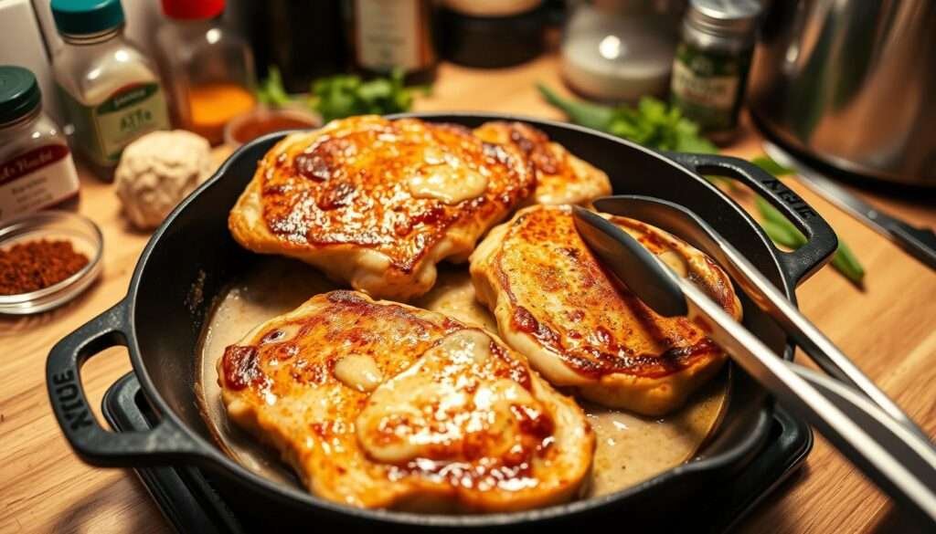 A well-lit kitchen counter with a cast-iron skillet sizzling with golden-brown pork chops, their edges caramelized and glistening. In the background, a collection of keto-friendly spices and herbs, their vibrant colors adding depth to the scene. The chops are bathed in a rich, creamy garlic butter sauce, tempting the senses with its savory aroma. A pair of tongs rests nearby, ready to carefully turn the succulent pork. The lighting is warm and inviting, casting a soft glow over the entire composition. The angle is slightly elevated, allowing the viewer to appreciate the delectable details of the cooking process. This image captures the essence of the "Cooking the Pork Chops" section, showcasing the mouthwatering keto-friendly preparation of these pork chops.