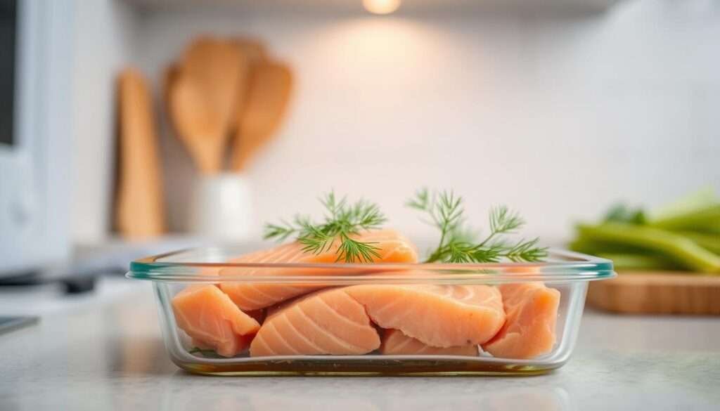 A well-lit kitchen counter with a glass food storage container filled with leftover cooked salmon fillets, garnished with fresh dill sprigs. The container is positioned in the foreground, with a neutral-colored backdrop to emphasize the salmon. The lighting is soft and diffused, creating a warm, inviting atmosphere. The camera angle is slightly elevated, providing a clear view of the contents. The overall scene conveys a sense of care and attention in properly storing the salmon leftovers for future use.