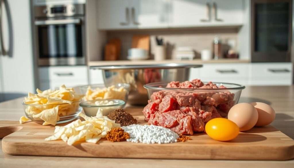A well-lit kitchen counter with an array of ingredients for easy keto meatloaf preparation. In the foreground, a wooden cutting board with ground beef, pork rinds, eggs, and spices neatly arranged. In the middle ground, a mixing bowl and a loaf pan, ready for the meatloaf assembly. The background features a clean, modern kitchen with stainless steel appliances and white cabinetry, creating a bright and inviting atmosphere. The lighting is warm and natural, casting soft shadows and highlighting the textures of the ingredients. The overall composition conveys a sense of simplicity and effortless preparation for a delicious keto-friendly meatloaf.