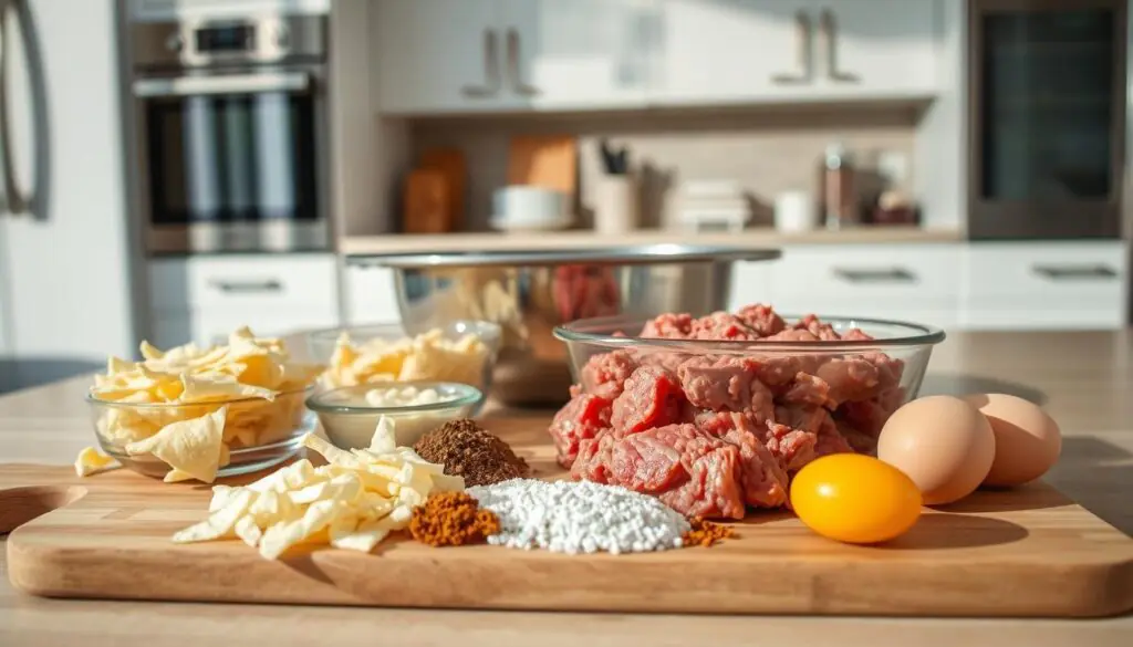 A well-lit kitchen counter with an array of ingredients for easy keto meatloaf preparation. In the foreground, a wooden cutting board with ground beef, pork rinds, eggs, and spices neatly arranged. In the middle ground, a mixing bowl and a loaf pan, ready for the meatloaf assembly. The background features a clean, modern kitchen with stainless steel appliances and white cabinetry, creating a bright and inviting atmosphere. The lighting is warm and natural, casting soft shadows and highlighting the textures of the ingredients. The overall composition conveys a sense of simplicity and effortless preparation for a delicious keto-friendly meatloaf.