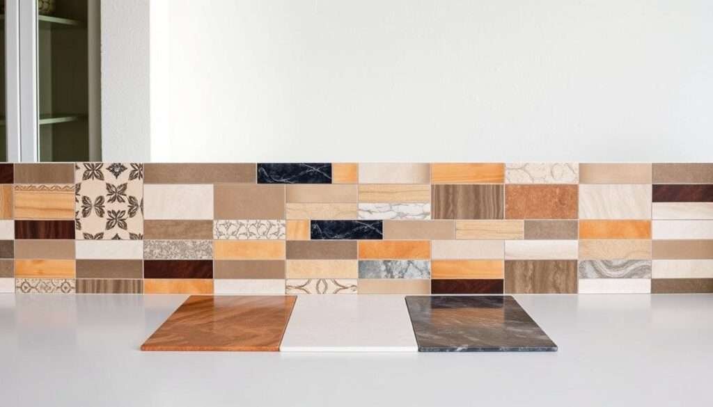 A well-lit kitchen countertop featuring an assortment of tile options in a variety of colors, textures, and patterns. The tiles are neatly arranged, showcasing their versatility and suitability for a modern, high-end outdoor kitchen. The countertop is set against a clean, minimalist backdrop, allowing the tiles to take center stage. The lighting is soft and even, highlighting the subtle sheen and intricate details of the tiles. The composition is balanced, with the tiles occupying the majority of the frame, creating a visually appealing and informative display.