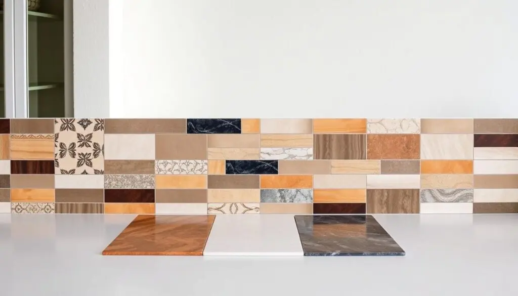 A well-lit kitchen countertop featuring an assortment of tile options in a variety of colors, textures, and patterns. The tiles are neatly arranged, showcasing their versatility and suitability for a modern, high-end outdoor kitchen. The countertop is set against a clean, minimalist backdrop, allowing the tiles to take center stage. The lighting is soft and even, highlighting the subtle sheen and intricate details of the tiles. The composition is balanced, with the tiles occupying the majority of the frame, creating a visually appealing and informative display.