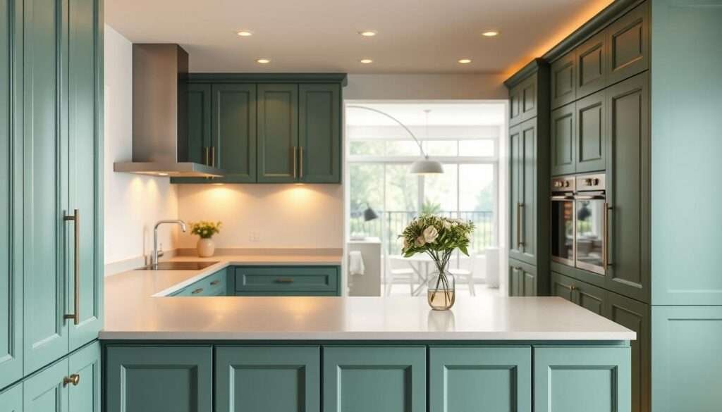 A well-lit, modern kitchen with elegant bottle green cabinets occupying the foreground. The cabinets have a subtle sheen, accentuated by the warm, indirect lighting that softly illuminates the space. The middle ground features a sleek, minimalist countertop in a complementary neutral tone, with a few carefully placed kitchen accessories, such as a vase of fresh flowers. The background showcases a bright, open space, perhaps with large windows or a sliding glass door, allowing natural light to flood the room and create a sense of warmth and tranquility. The overall atmosphere is one of sophistication and timeless style, perfect for a stylish, contemporary home.