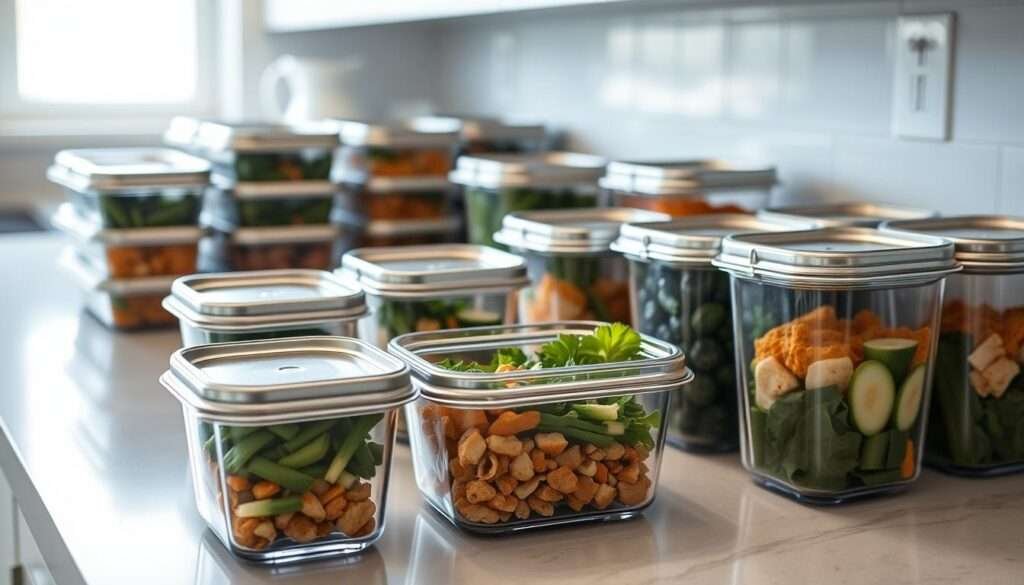 A well-organized kitchen counter with various meal prep containers neatly arranged in rows. The containers are made of clear plastic, showcasing the healthy meal ingredients inside. Stainless steel lids gleam under the soft, even lighting, creating a clean, minimalist aesthetic. The foreground features a selection of the containers, while the middle ground shows the full arrangement. The background subtly blurs, putting the focus on the storage solutions. The overall mood is one of efficiency, organization, and a commitment to healthy eating.
