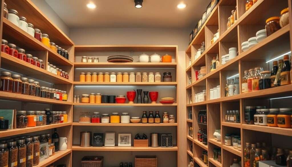 A well-organized open pantry with an abundance of neatly arranged shelves, filled with colorful jars, canisters, and artfully displayed kitchen essentials. The shelves are made of sleek, natural wood, accentuating the warm, rustic atmosphere. Soft, diffused lighting illuminates the space, creating a cozy and inviting ambiance. The camera is positioned at a low angle, capturing the shelves from a slightly elevated perspective, showcasing the thoughtful arrangement and the overall aesthetic appeal of the space. The background is a muted, neutral tone, allowing the pantry's contents to take center stage. The overall impression is one of practicality, style, and a harmonious balance between form and function.
