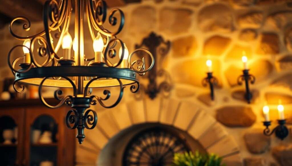 A wrought iron kitchen with intricate hand-forged accents in a warm, Spanish Mediterranean atmosphere. Foreground features a graceful wrought iron chandelier with ornate scrollwork, casting soft, dramatic lighting. Middle ground showcases a set of delicate wrought iron wall sconces adorned with leaf motifs. Background reveals a rustic stone wall texture, evoking the history and charm of an Old World kitchen. Warm, golden tones from ambient lighting create a cozy, inviting ambiance. Lens is set to a wide, shallow depth of field to emphasize the ornamental metalwork details. The overall scene conveys a sense of timeless elegance and craftsmanship.