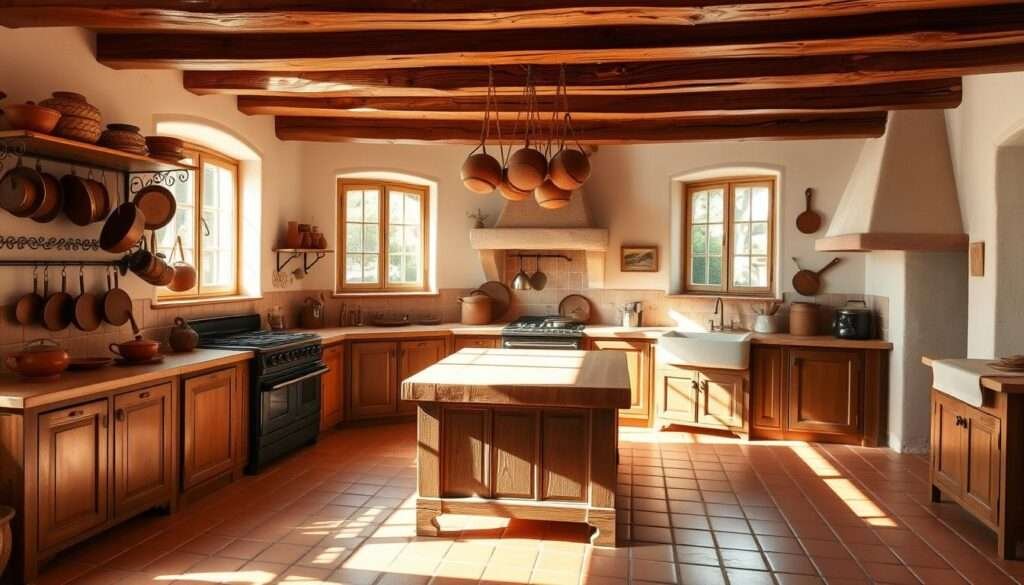 An airy, sun-dappled Spanish kitchen with rustic terracotta tiles covering the floor and countertops. Weathered wooden beams stretch across the ceiling, casting warm shadows on the space. Sunlight streams through large windows, illuminating a central island with a butcher block top. Terracotta pots and pans hang from wrought-iron racks, while a vintage stove and farmhouse-style sink complete the charming, lived-in aesthetic. The overall vibe is one of relaxed, time-worn elegance - a space that invites casual gathering and the preparation of simple, nourishing meals.