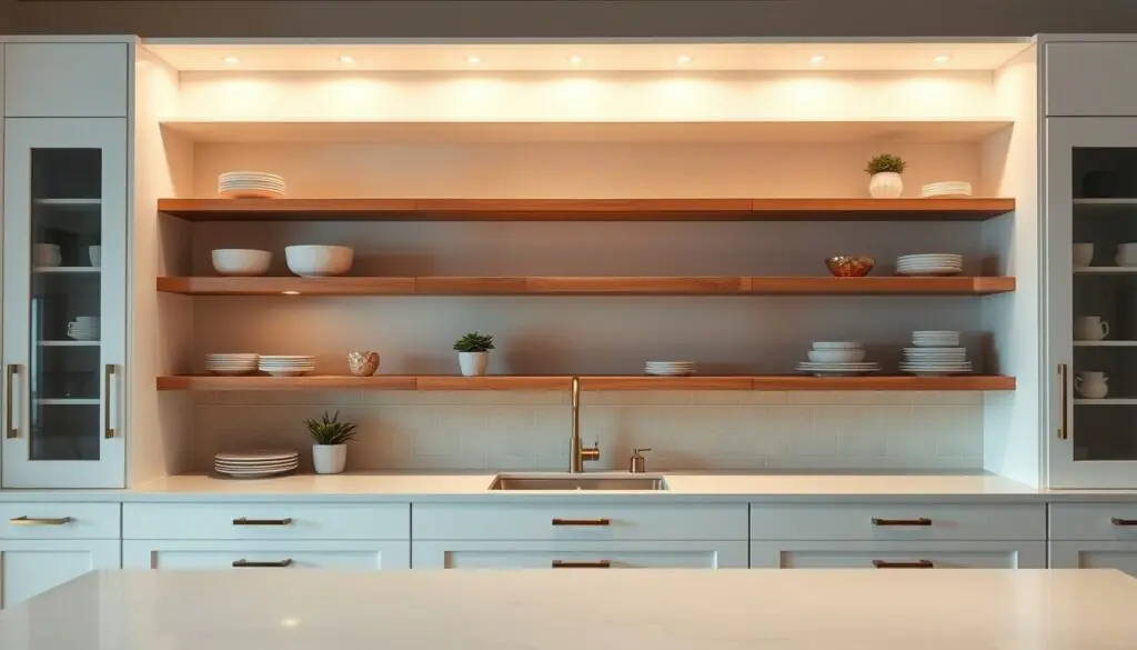 An elegant, minimalist kitchen with a focus on open shelving. In the foreground, simple white Shaker-style cabinets frame a trio of floating wooden shelves, their clean lines and natural grain creating a serene, uncluttered display. Indirect lighting casts a warm, soft glow, highlighting the textures of the wood and the neatly arranged objects - ceramic dishware, potted plants, and a few carefully selected décor pieces. The middle ground features a sleek, white quartz countertop, its pristine surface reflecting the light. In the background, a neutral-toned tile backsplash completes the minimalist aesthetic, creating a calming, cohesive atmosphere that embodies the beauty of open shelving in a modern, streamlined kitchen.