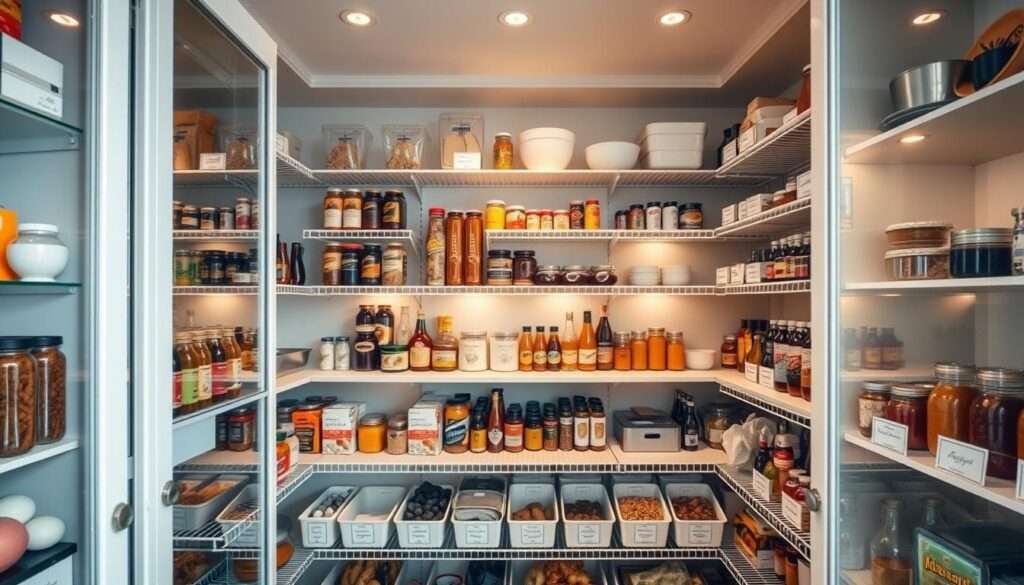 An elegant, well-organized pantry with strategically placed glass-front shelves, wire racks, and labeled bins showcasing a variety of neatly arranged food items, spices, and cooking essentials. Soft, diffused lighting casts a warm glow, highlighting the clean, minimalist design. The shelves are stocked with an array of colorful jars, boxes, and packages, creating a visually pleasing and functional storage space. The camera angle captures the pantry in its entirety, emphasizing the thoughtful layout and attention to detail that transforms this utilitarian space into a beautifully organized culinary command center.